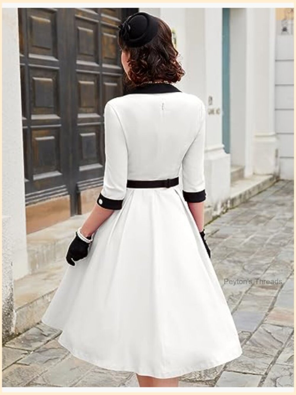 Vintage 50s Retro Swing Midi Dress 3/4 Sleeve Square Neck Cocktail Wedding Guest - Picture 3 of 7